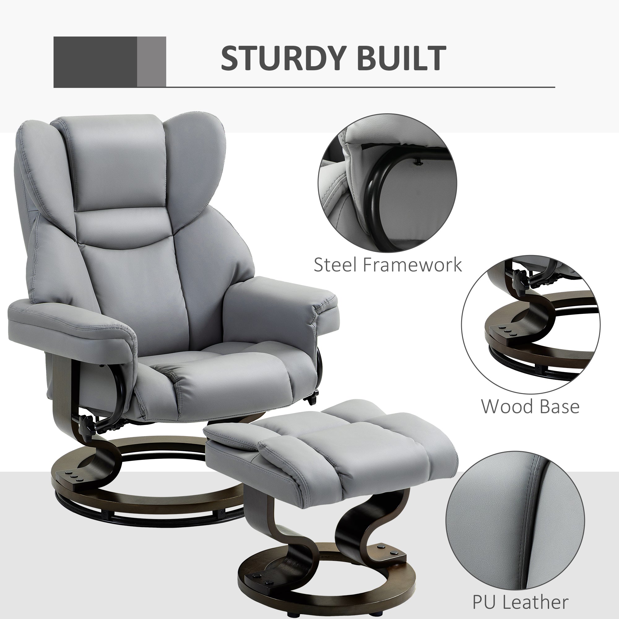HOMCOM 360° Swivel Recliner Chair with Footstool, PU Leather Manual Recliner Armchair with Solid Wood Base, Upholstered Reclining Chair for Living Room, Bedroom, Office, Light Grey